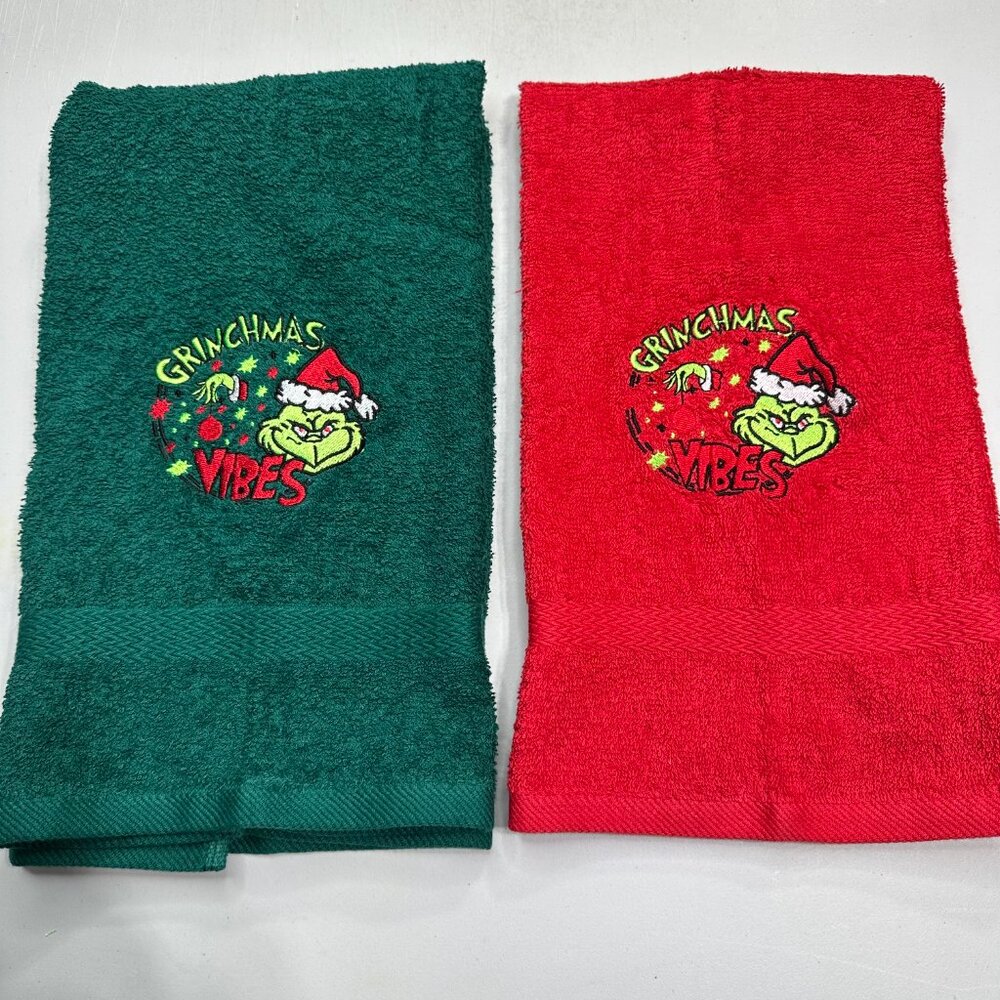 Grinch Christmas Towels Embroidered Hand Towel Set Funny Holiday Bathroom Decor